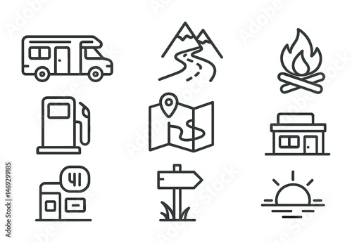 Travel and tourism line icons set – outline, vector, vacation and trip essentials