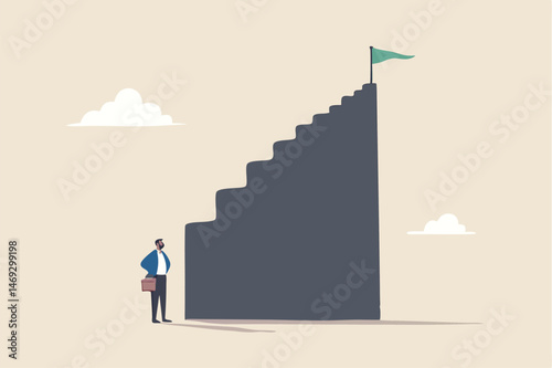 First step is hardest, learning curve or overcome difficulty when start new business, challenge to succeed in work concept, discouraged businessman looking at high steep first step of success stairway