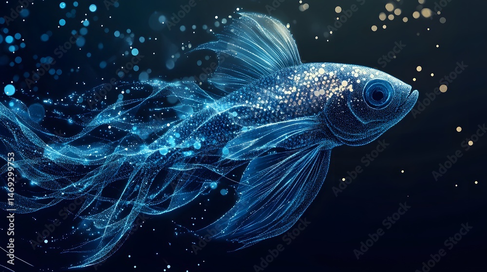 Abstract Fish Made of Dots: A fish swimming, with its body made of swirling blue and silver dots connected by fine lines, mimicking scales and fins.
Abstract Fish Made of Dots: A fish swimming, with its body made of swirling blue and silver dots connected by fine lines, mimicking scales and fins.
