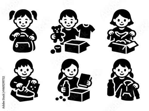 Charity and donation icons set – silhouette, solid, giving and helping symbols