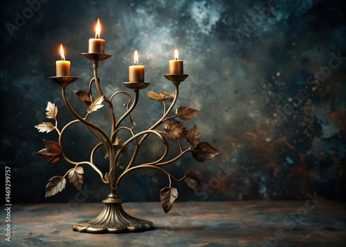 A tarnished bronze candleholder in the shape of a leafy vine is placed on a dark