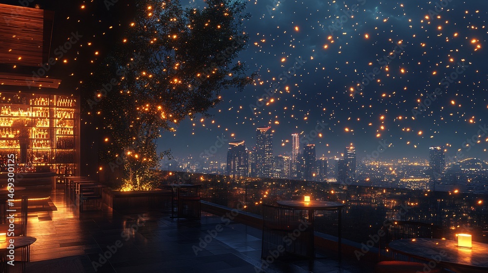 Fototapeta premium glowing firefly trails at a rooftop bar background