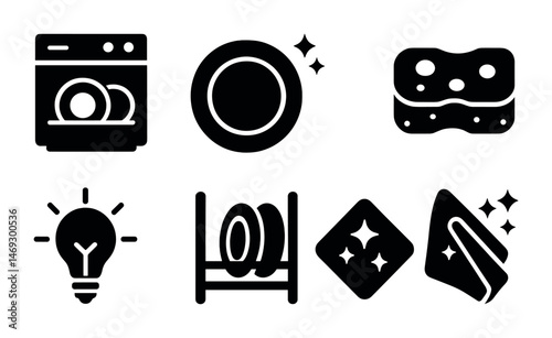 Kitchen cleaning tools solid icons set – filled, appliances and housekeeping symbols