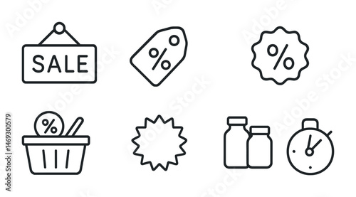 Retail shopping linear icons set – line, outline, commerce and discount symbols