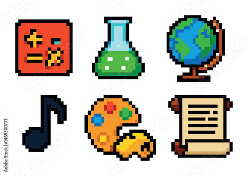 Education and science pixel art icons set – learning, teaching tools