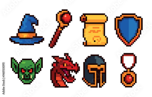 Fantasy rpg pixel art icons set – gaming, adventure, role-playing symbols
