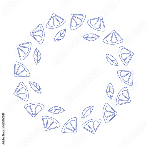 Flowering lemon branches. Colorful graphic lemon summer wreath. Modern vibrant design. Hand drawn cozy illustration. Citrus fruit design with leaf on white colored background.