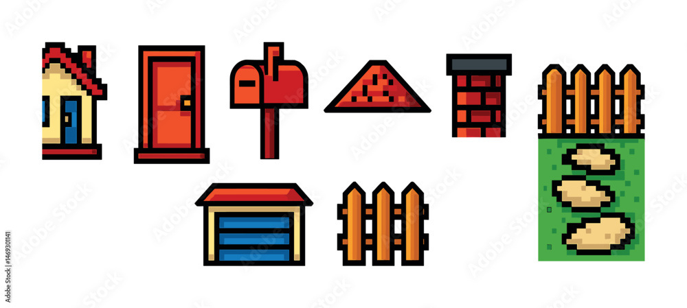 Obraz premium Home and garden pixel art icons set – outline, yard, exterior design elements