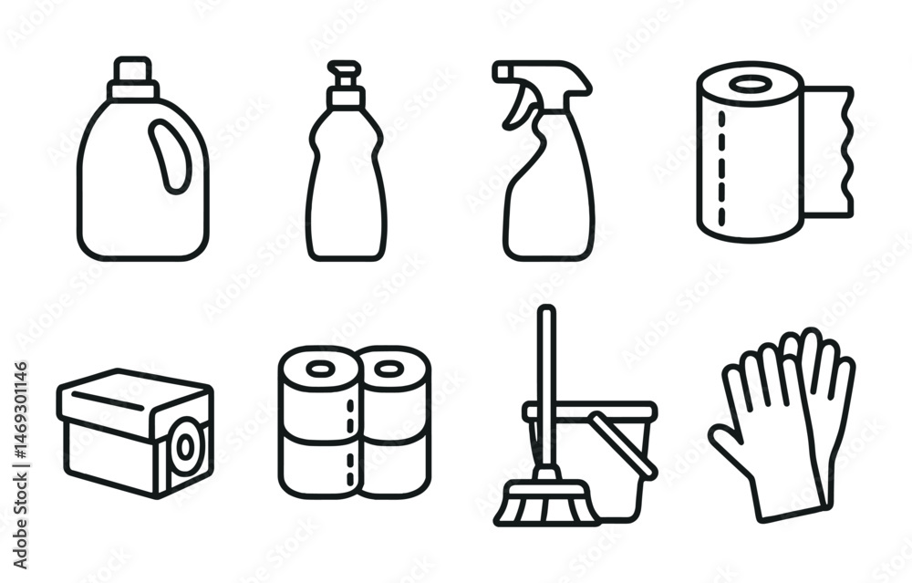 Fototapeta premium Cleaning and hygiene outline icons set – linear, household, sanitation essentials