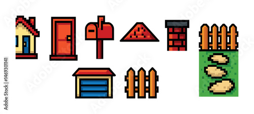 Home and garden pixel art icons set – outline, yard, exterior design elements