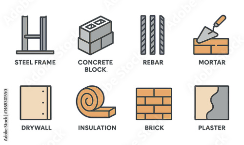 Construction materials outline icons set – building, architecture, structural symbols
