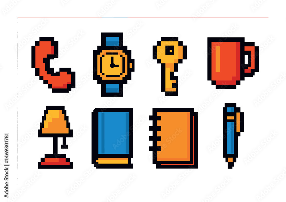 Retro pixel art icons of office objects and accessories