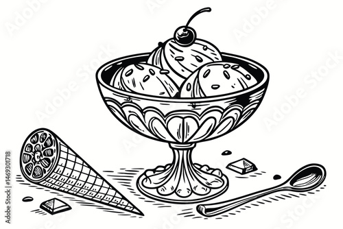 76 black and white sketch, detailed, ice cream sundae in glass bowl, whipped cream, cherry on top, waffle cone pieces, ice cream scoop, ornate glass bowl, high detail, old fashioned, vintage, engraved
