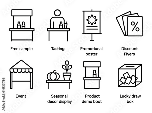Promotional and event outline icons set – line, marketing, business symbols