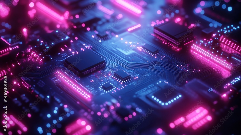 Obraz premium Vibrant Abstract Technology Background with Colorful Neon Lights and Microchips on Circuit Board