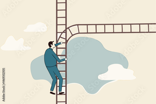 Career crossroad to make decision, business choice or alternative, choose career path to succeed in work, multiple opportunity concept, businessman climb up ladder of success to find destiny crossroad