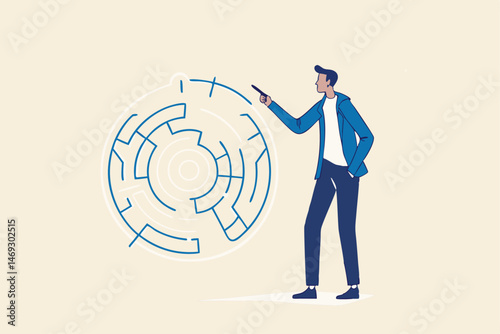 Solution solving business problem, skill and intelligence to overcome difficulty, challenge for leadership concept, smart businessman draw the line showing solution to solve labyrinth maze problem.