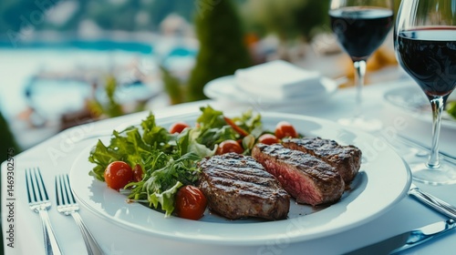 Grilled steak with salad and wine on a patio.