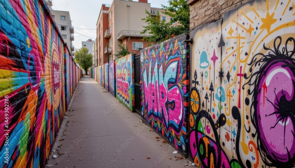 Fototapeta premium Colorful Graffiti Adorning Urban Walls in a Vibrant City Alley with Artistic Expressions