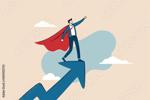Success leadership leading business growth strategy, company hero who succeed in work and achieve career growth concept, confident businessman superhero with powerful red cape stand on growth arrow