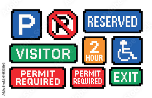 Retro pixel art parking signs for access and visitor information
