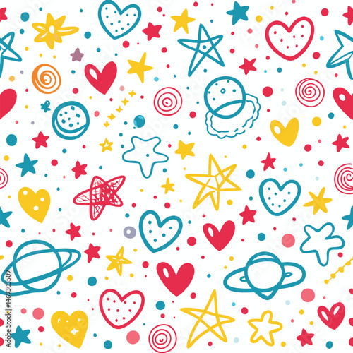 Colorful kids' pattern with hearts, stars, and planets