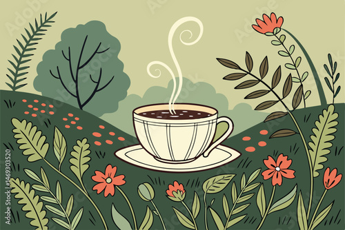 77 a steaming cup of tea in the middle of a lush, verdant garden, surrounded by vibrant flowers, ferns, and foliage, painted in a whimsical, illustrative style, warm and cozy atmosphere, intricate det