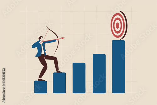 Business challenge to achieve higher target, ambition and aspiration to improve or aiming for success goal concept, confidence businessman aiming his bow arrow to top of high performance target.