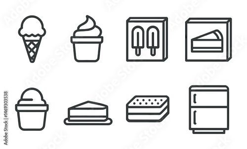Ice cream and dessert outline icons set – sweet treat, line style, confection symbols
