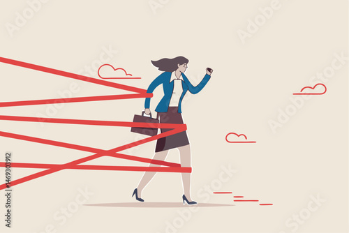 Gender barrier, woman career obstacle or inequality, limitation or discrimination, effort to overcome difficulty concept, strong businesswoman try with full effort to break red tape to growing in work