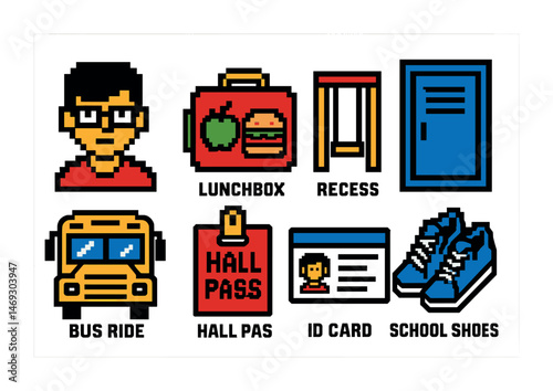 School time pixel art icons set – back to school, education, classroom symbols