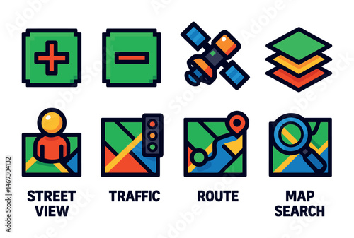 Navigation and map pixel art icons set - gps, location, route symbols