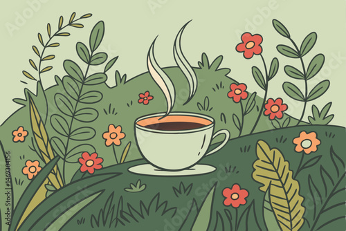77 a steaming cup of tea in the middle of a lush, verdant garden, surrounded by vibrant flowers, ferns, and foliage, painted in a whimsical, illustrative style, warm and cozy atmosphere, intricate det