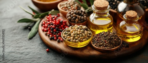 Assorted spices and oils on a wooden platter.
