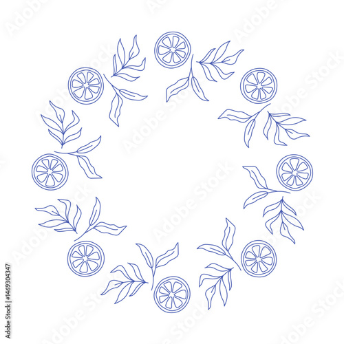 Flowering lemon branches. Colorful graphic lemon summer wreath. Modern vibrant design. Hand drawn cozy illustration. Citrus fruit design with leaf on white colored background.