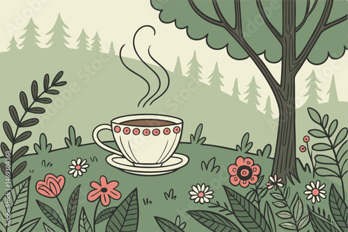 77 a steaming cup of tea in the middle of a lush, verdant garden, surrounded by vibrant flowers, ferns, and foliage, painted in a whimsical, illustrative style, warm and cozy atmosphere, intricate det