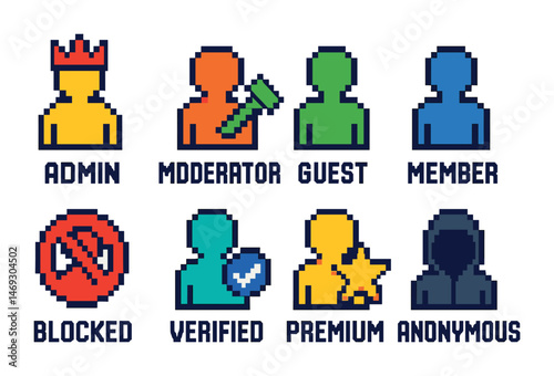 User account pixel art icons set – admin, member, profile and access symbols