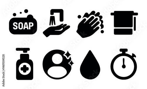 Hygiene and cleaning solid icons set – flat, filled safety and sanitation symbols