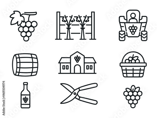Wine vineyard outline icons set – flat, viticulture, winery symbols and tools