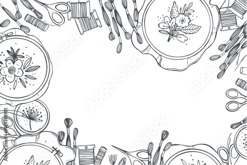 Hand-drawn  embroidery set. Hoops, floss and needles, threads, scissors. Vector background. Sketch illustration