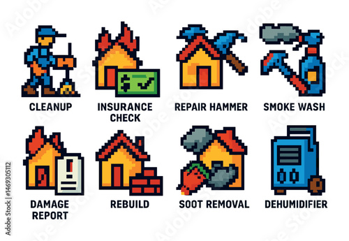 Restoration services pixel art icons set – cleanup, repair, damage recovery symbols