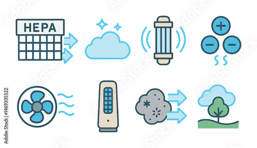 Air purifier and ventilation outline icons set – linear, clean air, filtration symbols