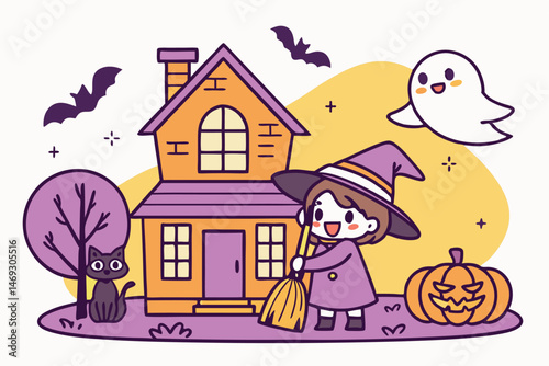 78 cartoon, chibi style, halloween illustration, witch, black cat, pumpkin, ghost, bats, haunted house, cartoon characters, vector graphics, bright colors, digital art
