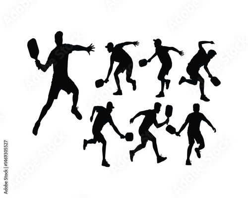 A black and white silhouette illustration of three male pickleball players in dynamic action poses against a white background. The silhouettes show players in various playing positions 