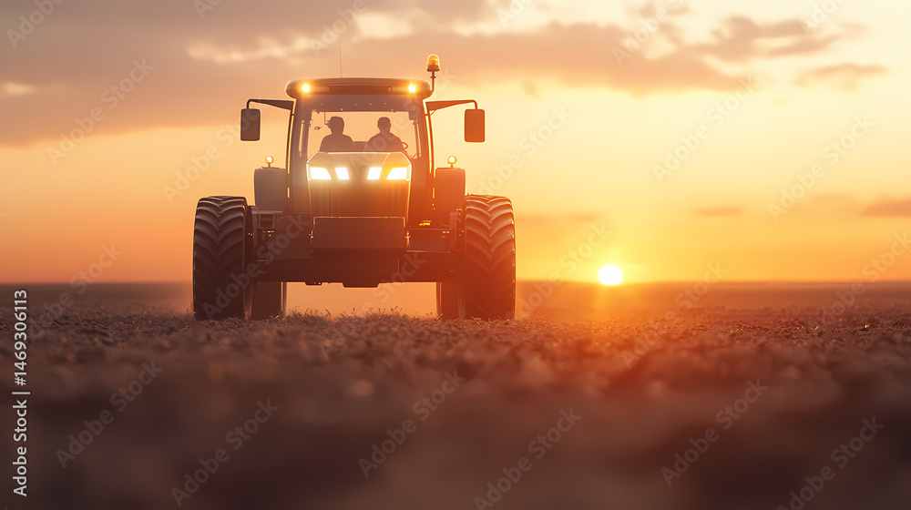 Fototapeta premium A tractor drives across a field at sunset, with two people inside, creating a silhouette against the glowing sky.