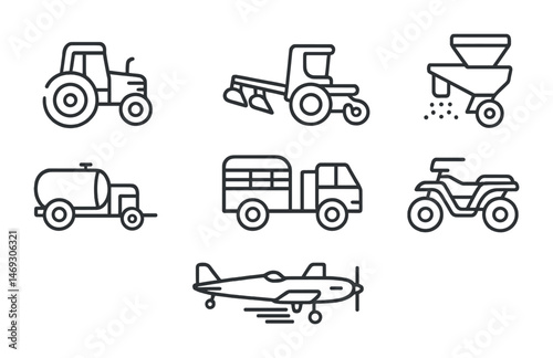Farm equipment outline icons set – linear, tractor, agriculture and farming tools