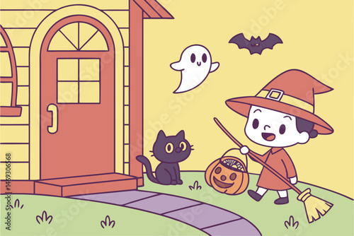 78 cartoon, chibi style, halloween illustration, witch, black cat, pumpkin, ghost, bats, haunted house, cartoon characters, vector graphics, bright colors, digital art