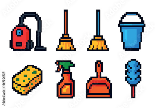 Cleaning supplies pixel art icons set – cleaning, maintenance, sanitation symbols