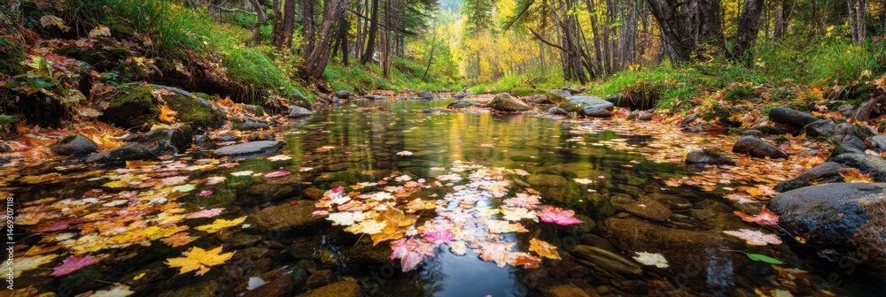 Forest Stream Reflects Vibrant Autumn Leaves While Surrounded by Tall Trees in a Tranquil Setting During the Golden Hour of Fall Generative AI