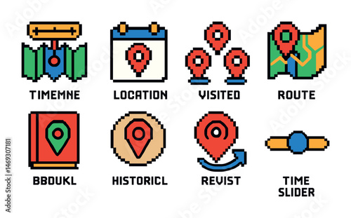 Travel and navigation pixel art icons set – map, location, journey symbols
